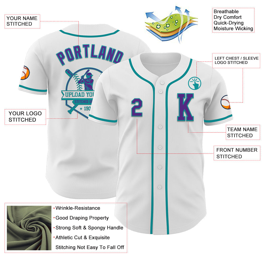 Custom White Purple-Teal Authentic Baseball Jersey - Sky-Custom