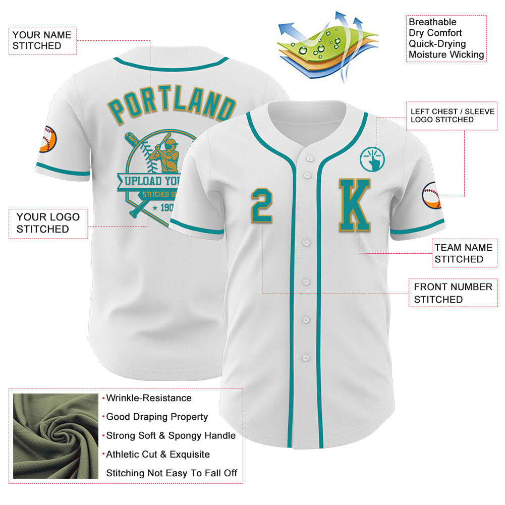 Custom White Teal-Old Gold Authentic Baseball Jersey - Sky-Custom