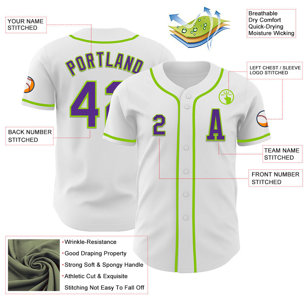 Custom White Purple-Neon Green Authentic Baseball Jersey - Sky-Custom