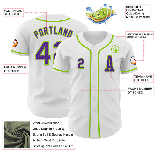 Custom White Purple-Neon Green Authentic Baseball Jersey - Sky-Custom