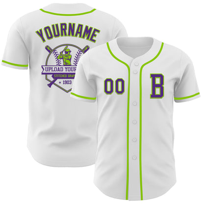 Custom White Purple-Neon Green Authentic Baseball Jersey - Sky-Custom