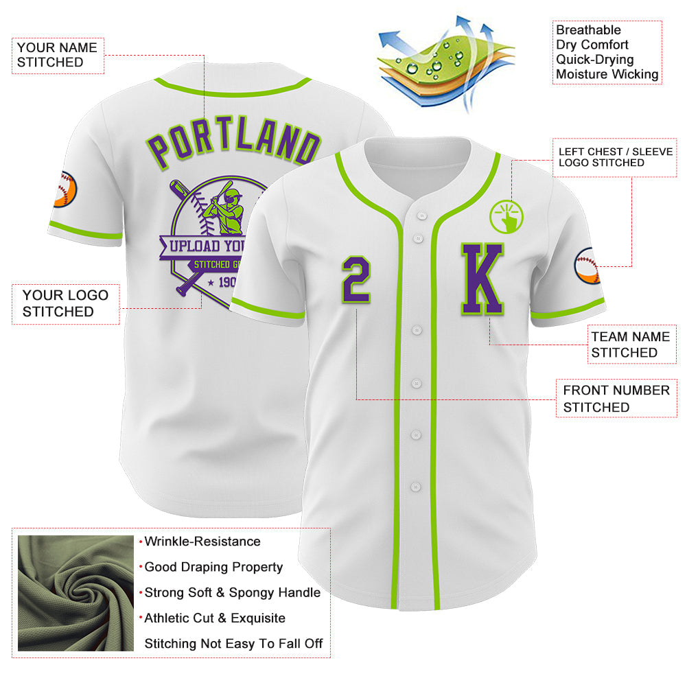 Custom White Purple-Neon Green Authentic Baseball Jersey - Sky-Custom