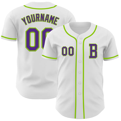 Custom White Purple-Neon Green Authentic Baseball Jersey - Sky-Custom