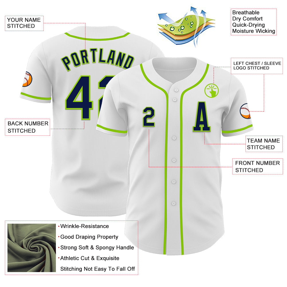 Custom White Navy-Neon Green Authentic Baseball Jersey - Sky-Custom