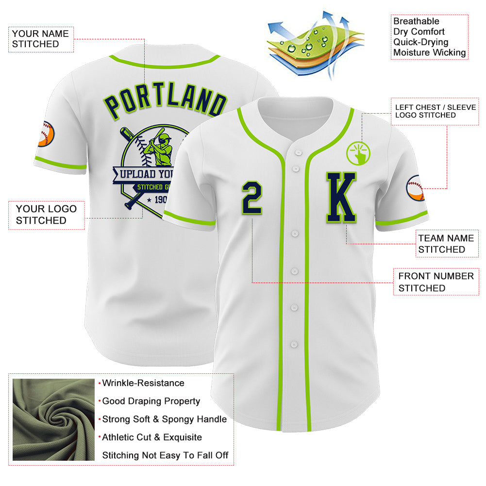 Custom White Navy-Neon Green Authentic Baseball Jersey - Sky-Custom