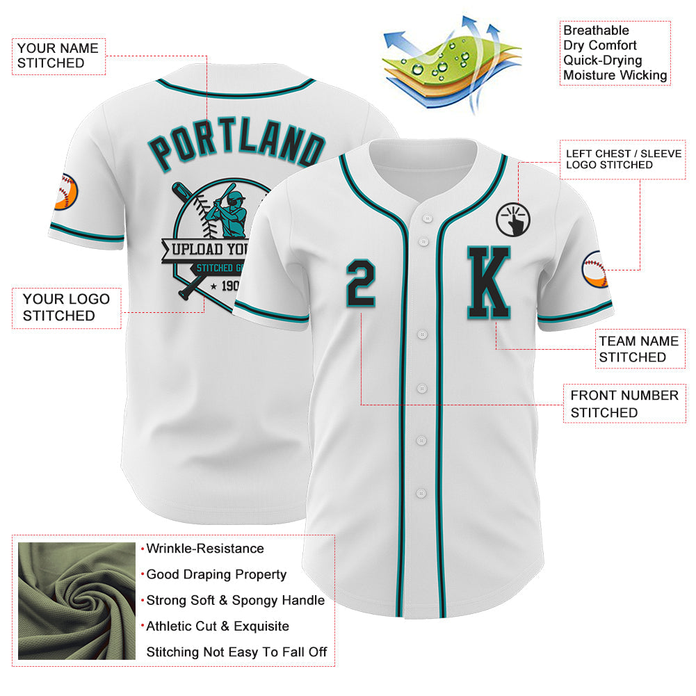 Custom White Black-Teal Authentic Baseball Jersey - Sky-Custom