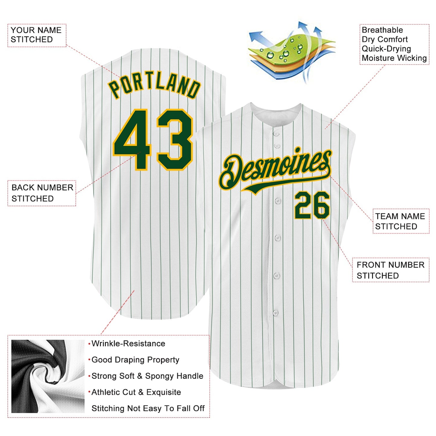 Custom White Green Pinstripe Gold Authentic Sleeveless Baseball Jersey - Sky-Custom