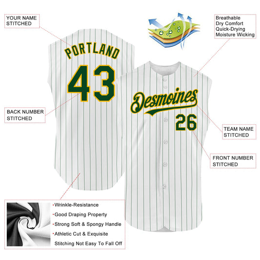 Custom White Green Pinstripe Gold Authentic Sleeveless Baseball Jersey - Sky-Custom
