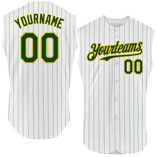 Custom White Green Pinstripe Gold Authentic Sleeveless Baseball Jersey - Sky-Custom