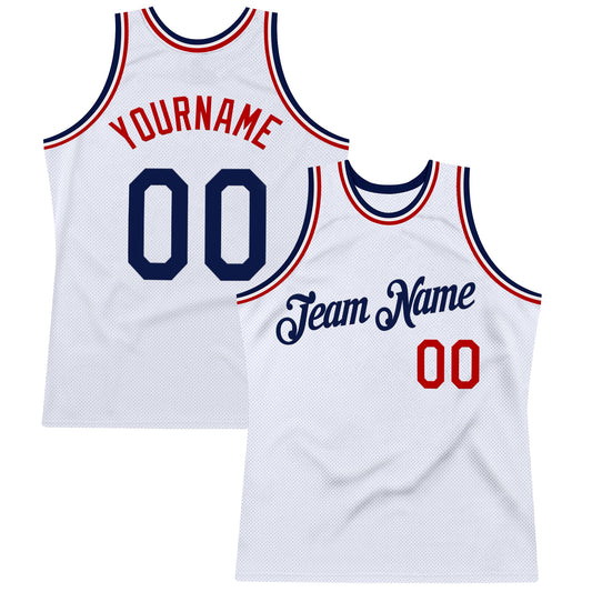 Custom White Navy-Red Authentic Throwback Basketball Jersey - Sky-Custom