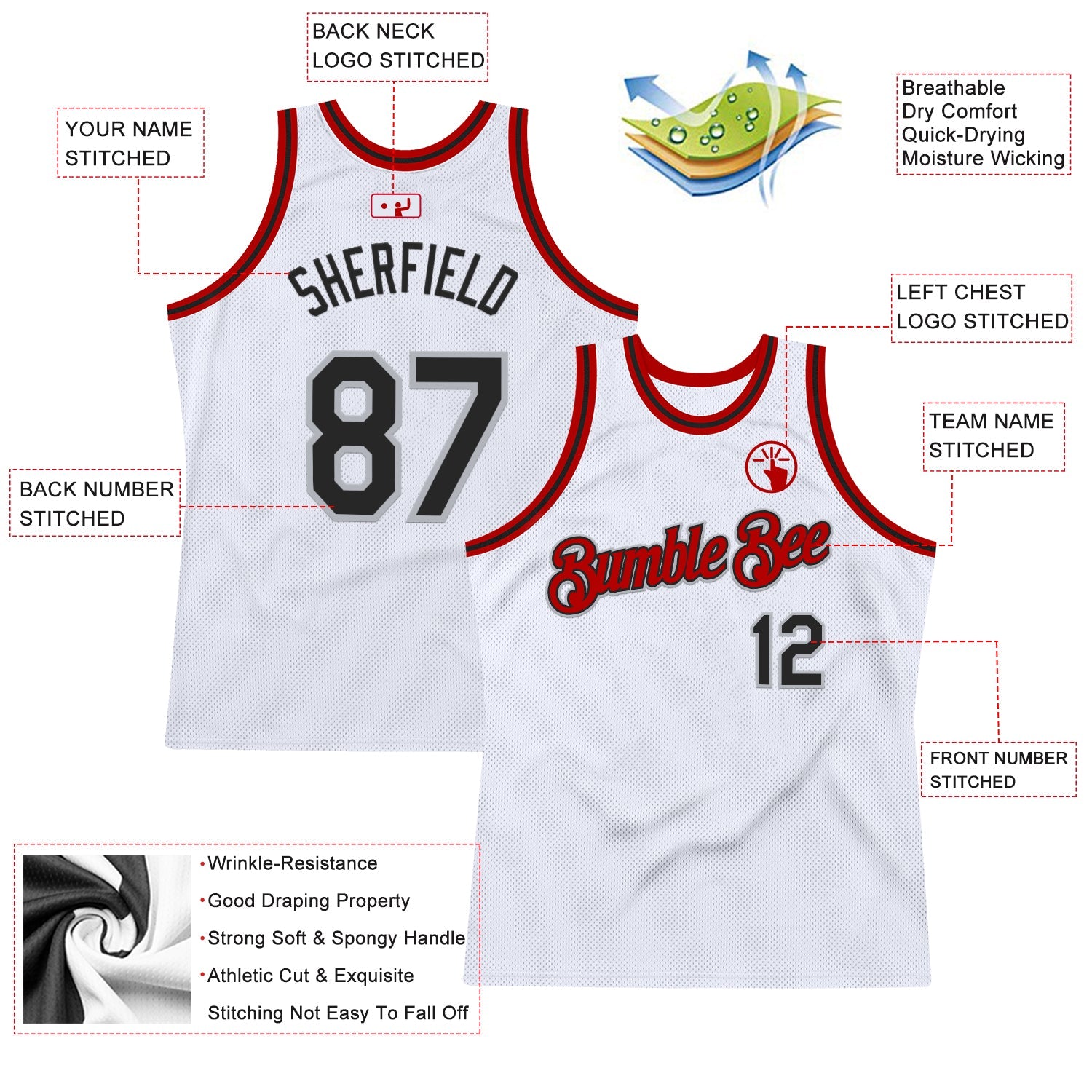 Custom White Black Gray-Red Authentic Throwback Basketball Jersey - Sky-Custom