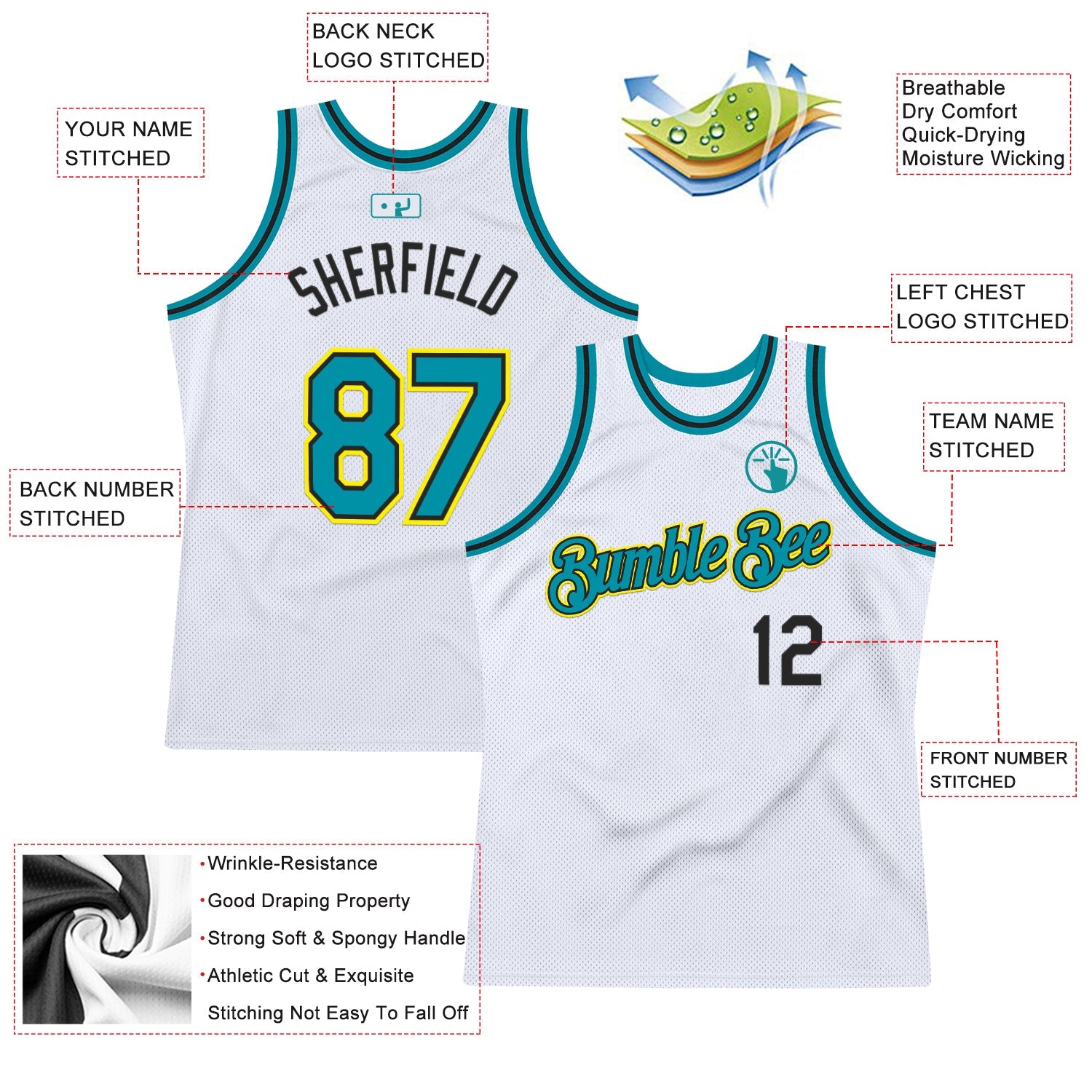 Custom White Teal Black-Light Yellow Authentic Throwback Basketball Jersey - Sky-Custom