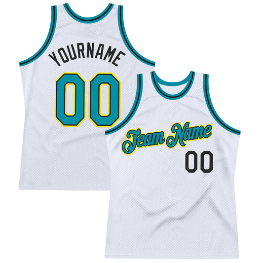 Custom White Teal Black-Light Yellow Authentic Throwback Basketball Jersey - Sky-Custom