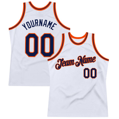 Custom White Navy-Orange Authentic Throwback Basketball Jersey - Sky-Custom