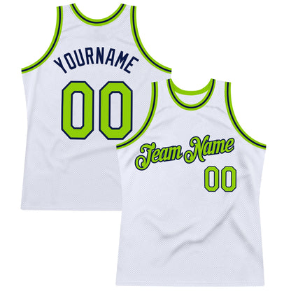 Custom White Neon Green-Navy Authentic Throwback Basketball Jersey - Sky-Custom
