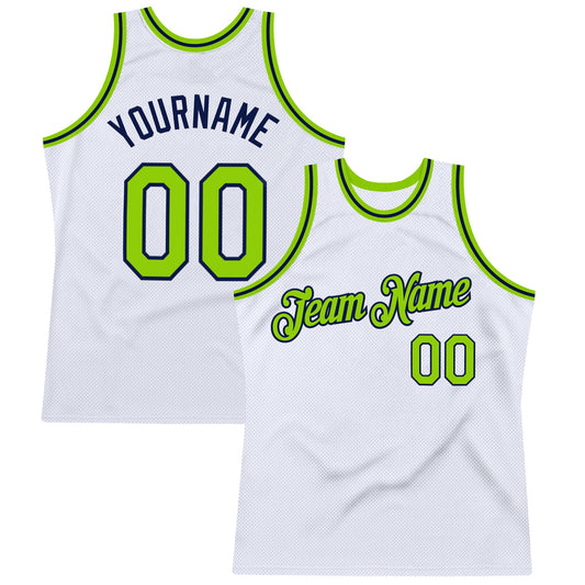 Custom White Neon Green-Navy Authentic Throwback Basketball Jersey - Sky-Custom