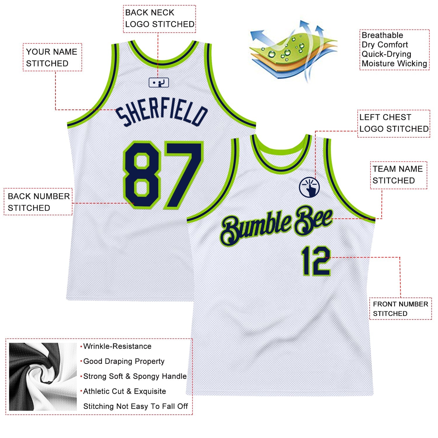 Custom White Navy-Neon Green Authentic Throwback Basketball Jersey - Sky-Custom