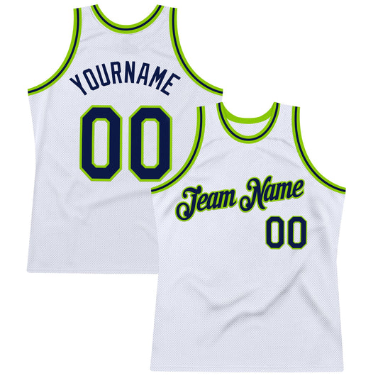 Custom White Navy-Neon Green Authentic Throwback Basketball Jersey - Sky-Custom