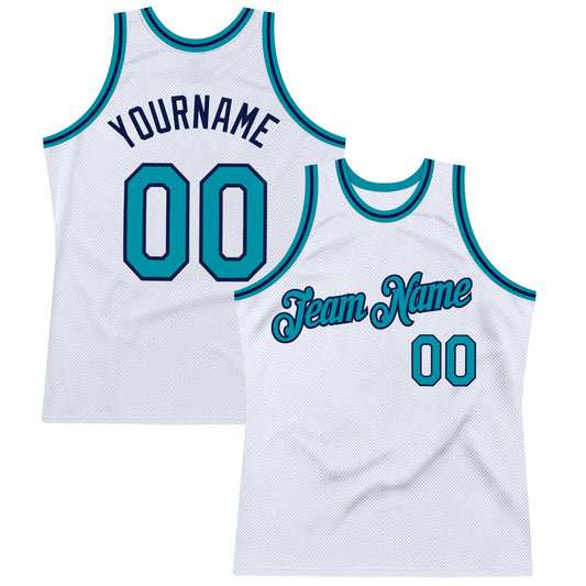 Custom White Teal-Navy Authentic Throwback Basketball Jersey - Sky-Custom