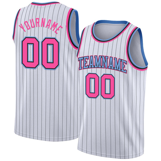 Custom White Black Pinstripe Pink-Light Blue Authentic Basketball Jersey - Sky-Custom