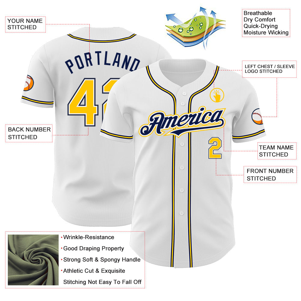 Custom White Yellow-Navy Authentic Baseball Jersey - Sky-Custom