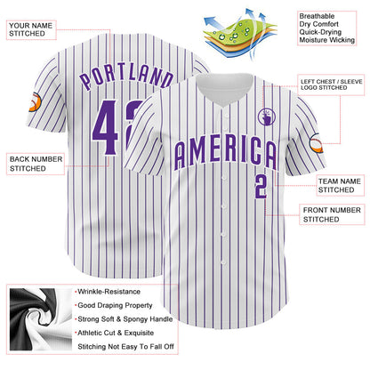 Custom White Purple Pinstripe Purple Authentic Baseball Jersey - Sky-Custom