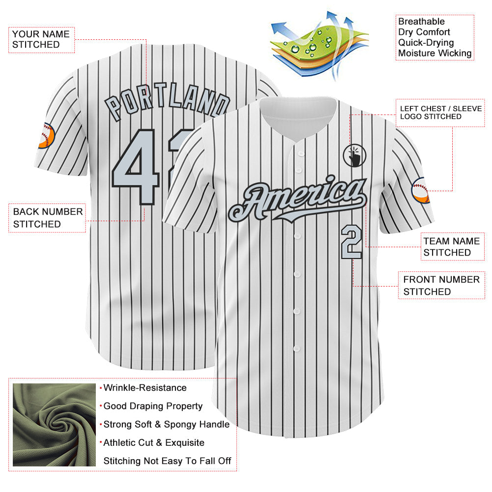 Custom White Black Pinstripe Silver Authentic Baseball Jersey - Sky-Custom