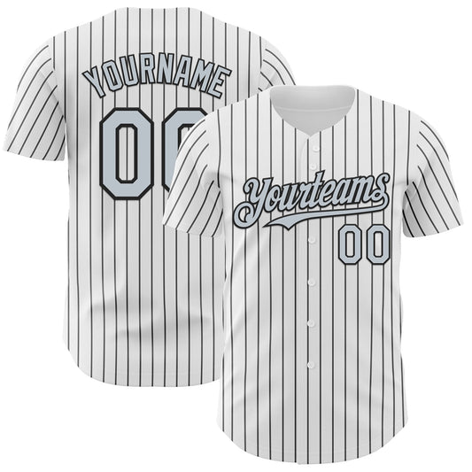Custom White Black Pinstripe Silver Authentic Baseball Jersey - Sky-Custom