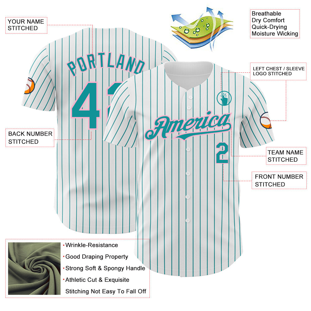 Custom White Teal Pinstripe Light Pink Authentic Baseball Jersey - Sky-Custom