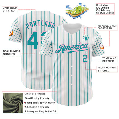Custom White Teal Pinstripe Light Pink Authentic Baseball Jersey - Sky-Custom