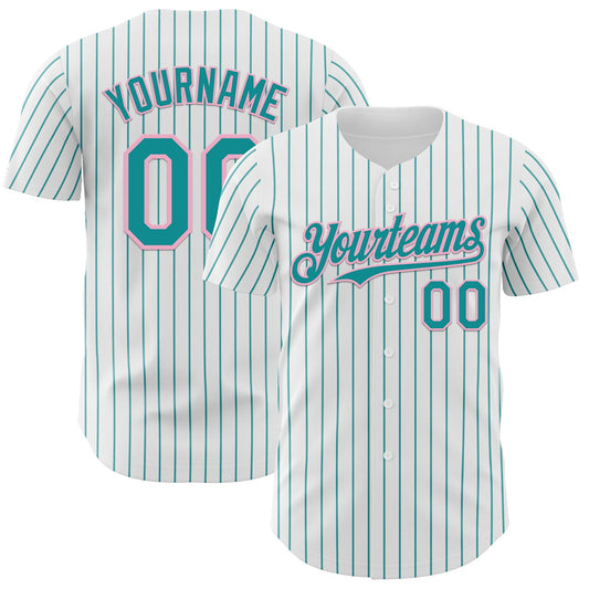 Custom White Teal Pinstripe Light Pink Authentic Baseball Jersey - Sky-Custom