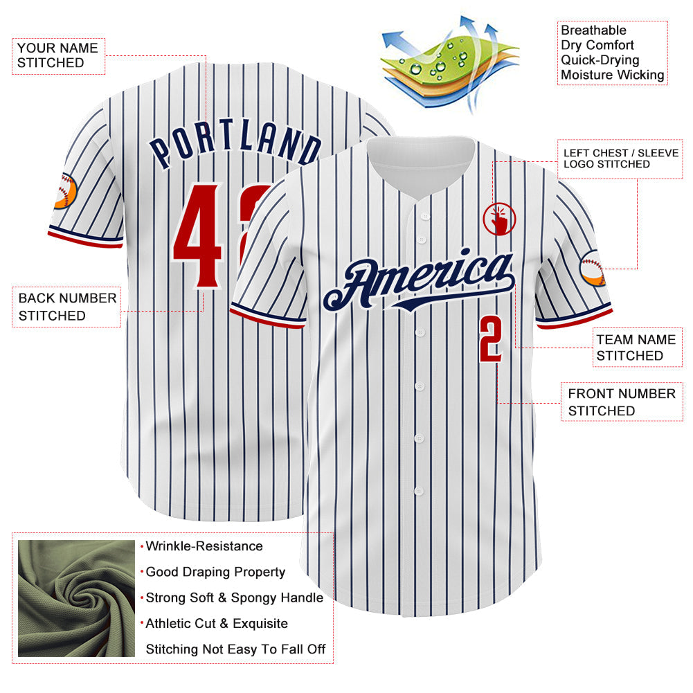 Custom White Navy Pinstripe Red Authentic Baseball Jersey - Sky-Custom