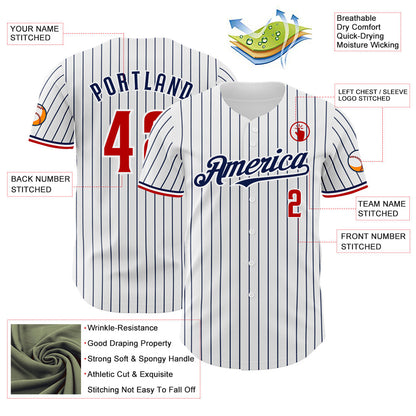 Custom White Navy Pinstripe Red Authentic Baseball Jersey - Sky-Custom