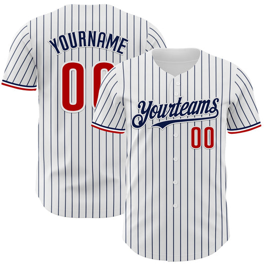 Custom White Navy Pinstripe Red Authentic Baseball Jersey - Sky-Custom
