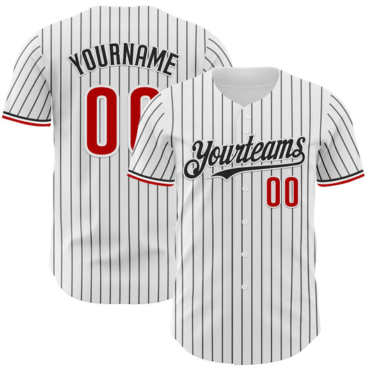 Custom White Black Pinstripe Red Authentic Baseball Jersey - Sky-Custom