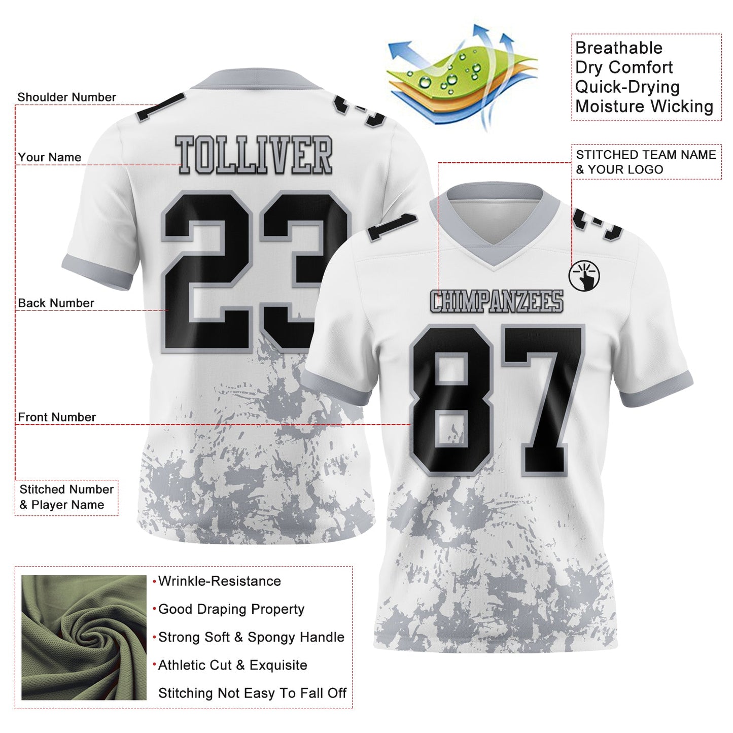 Custom White Black-Gray Splash Mesh Authentic Football Jersey - Sky-Custom
