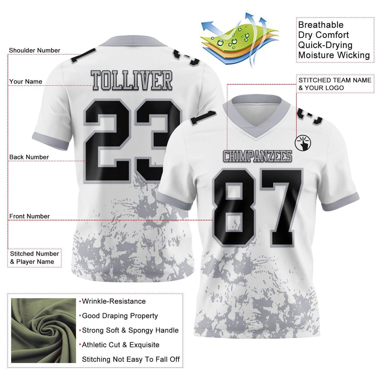 Custom White Black-Gray Splash Mesh Authentic Football Jersey - Sky-Custom