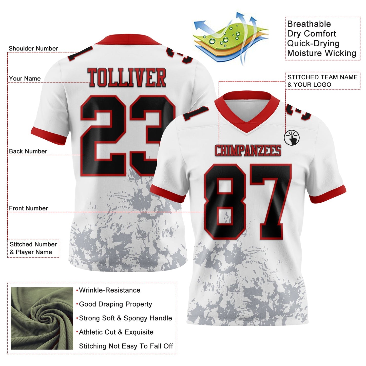 Custom White Black Gray-Red Splash Mesh Authentic Football Jersey - Sky-Custom