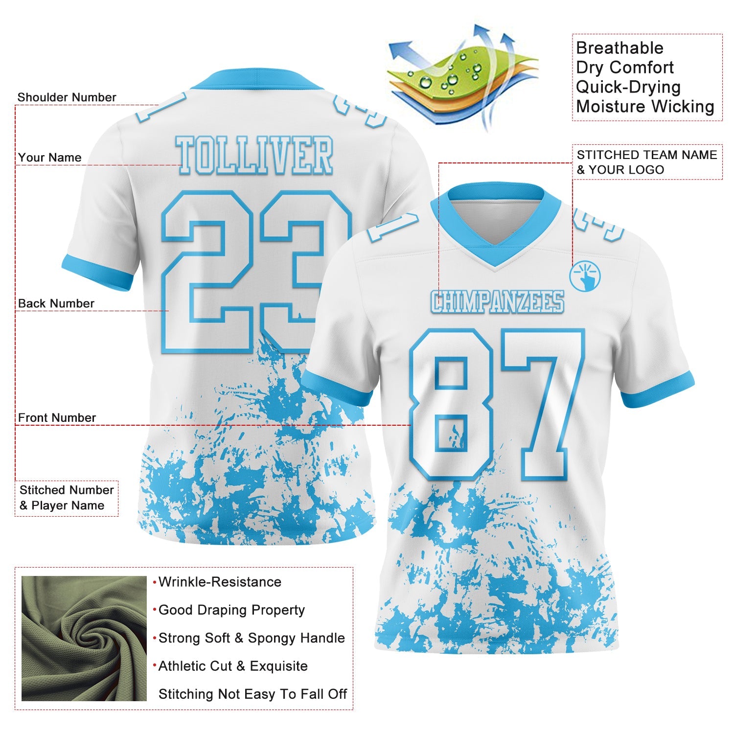 Custom White Sky Blue Splash Mesh Authentic Football Jersey - Sky-Custom