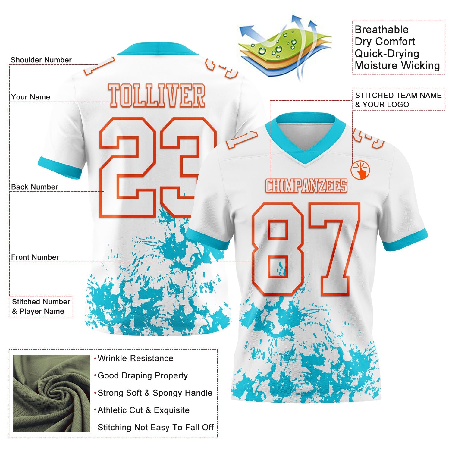 Custom White Lakes Blue-Orange Splash Mesh Authentic Football Jersey - Sky-Custom
