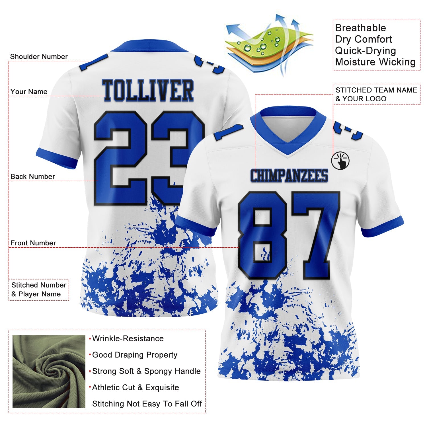 Custom White Thunder Blue-Black Splash Mesh Authentic Football Jersey - Sky-Custom