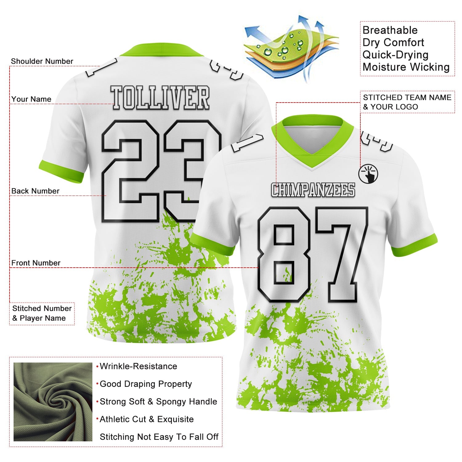 Custom White Neon Green-Black Splash Mesh Authentic Football Jersey - Sky-Custom