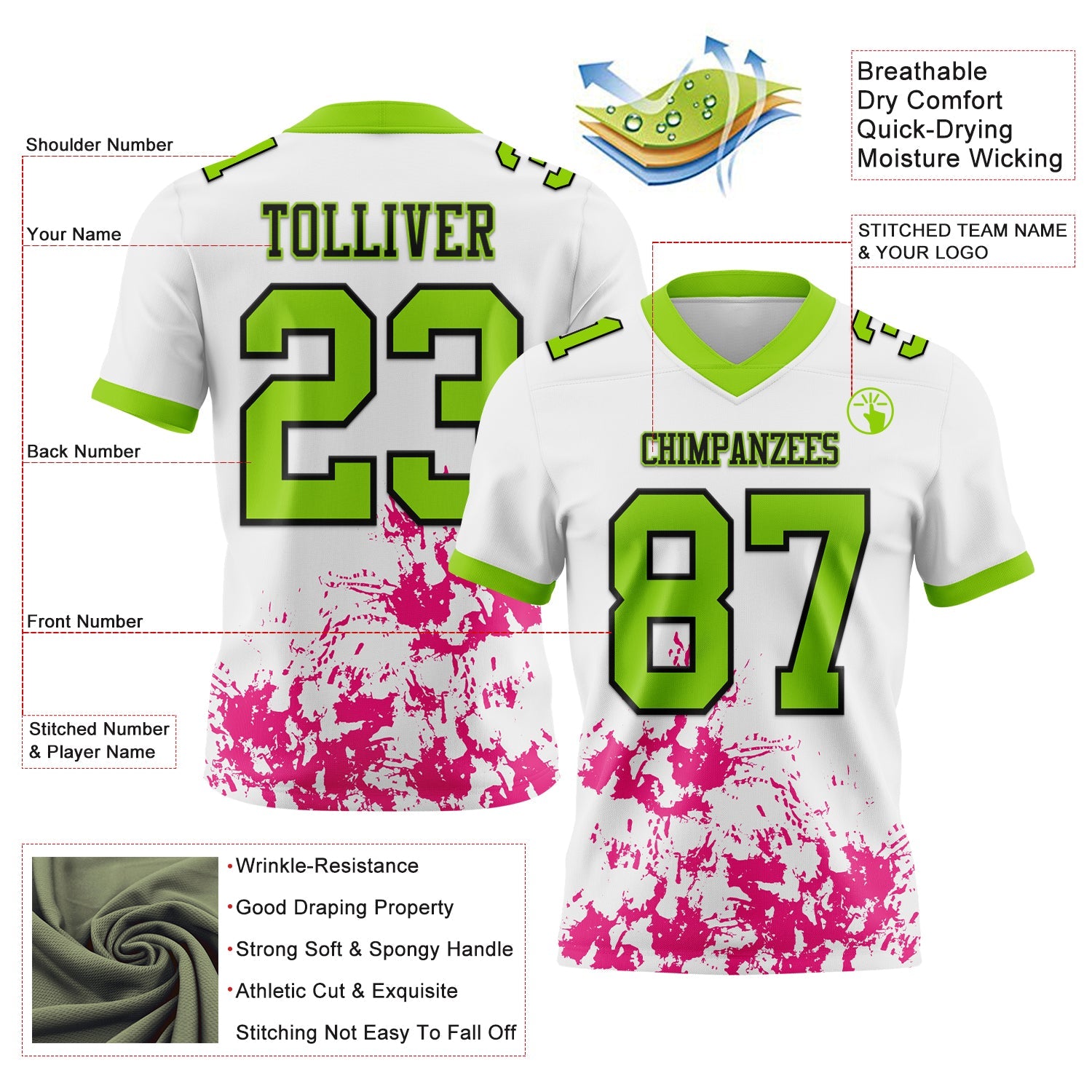 Custom White Neon Green Hot Pink-Black Splash Mesh Authentic Football Jersey - Sky-Custom
