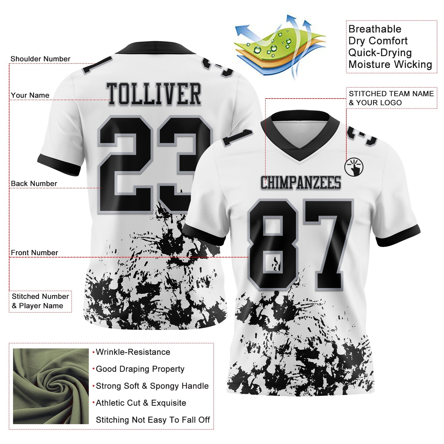 Custom White Black-Gray Splash Mesh Authentic Football Jersey - Sky-Custom