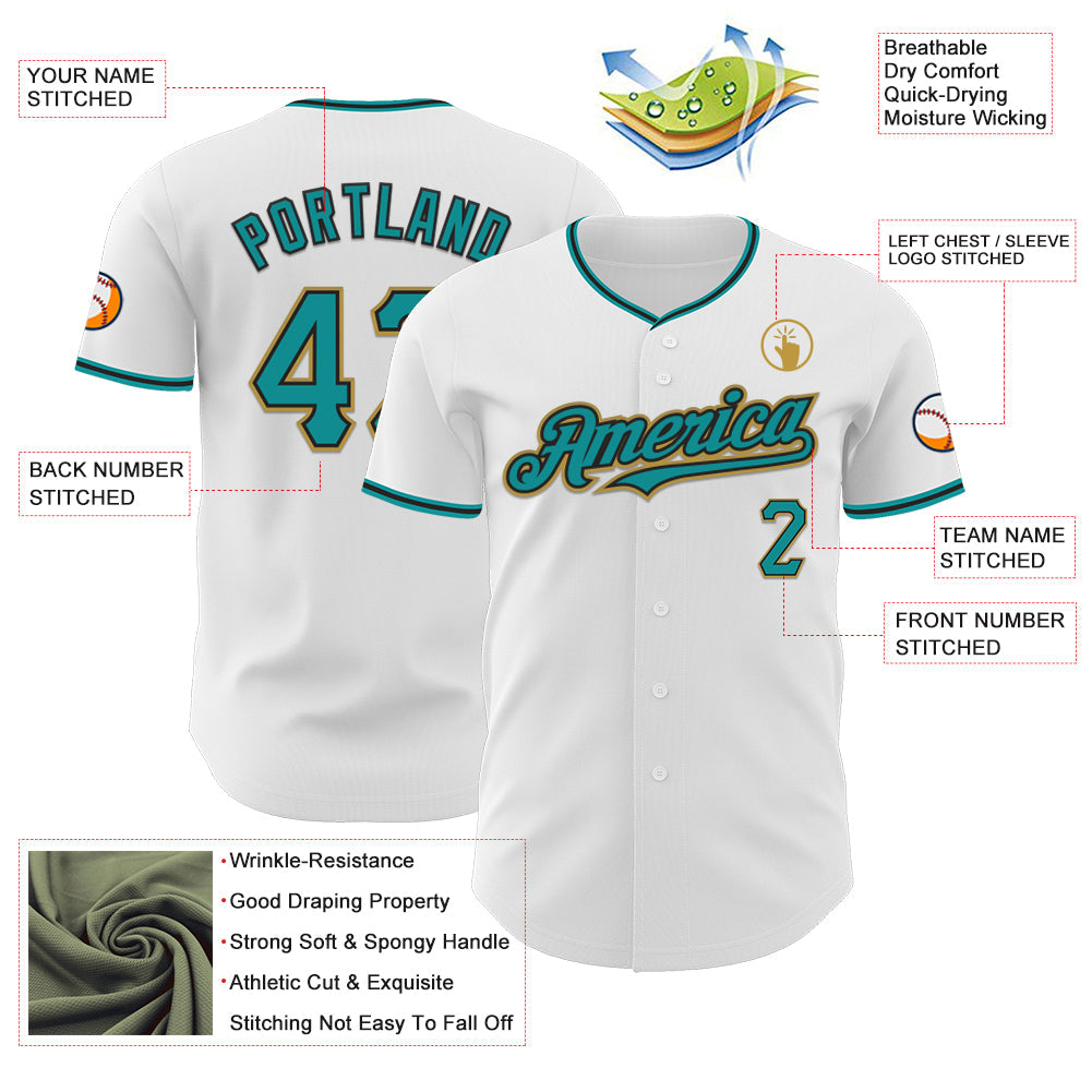 Custom White Teal Black-Old Gold Authentic Baseball Jersey - Sky-Custom
