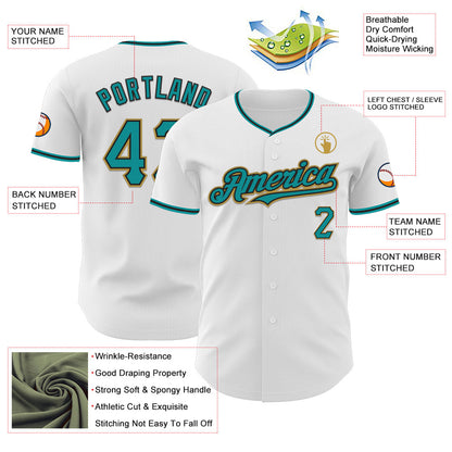 Custom White Teal Black-Old Gold Authentic Baseball Jersey - Sky-Custom