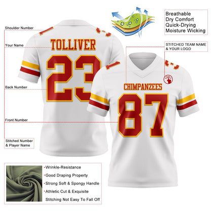 Custom White Red-Gold Mesh Authentic Football Jersey - Sky-Custom