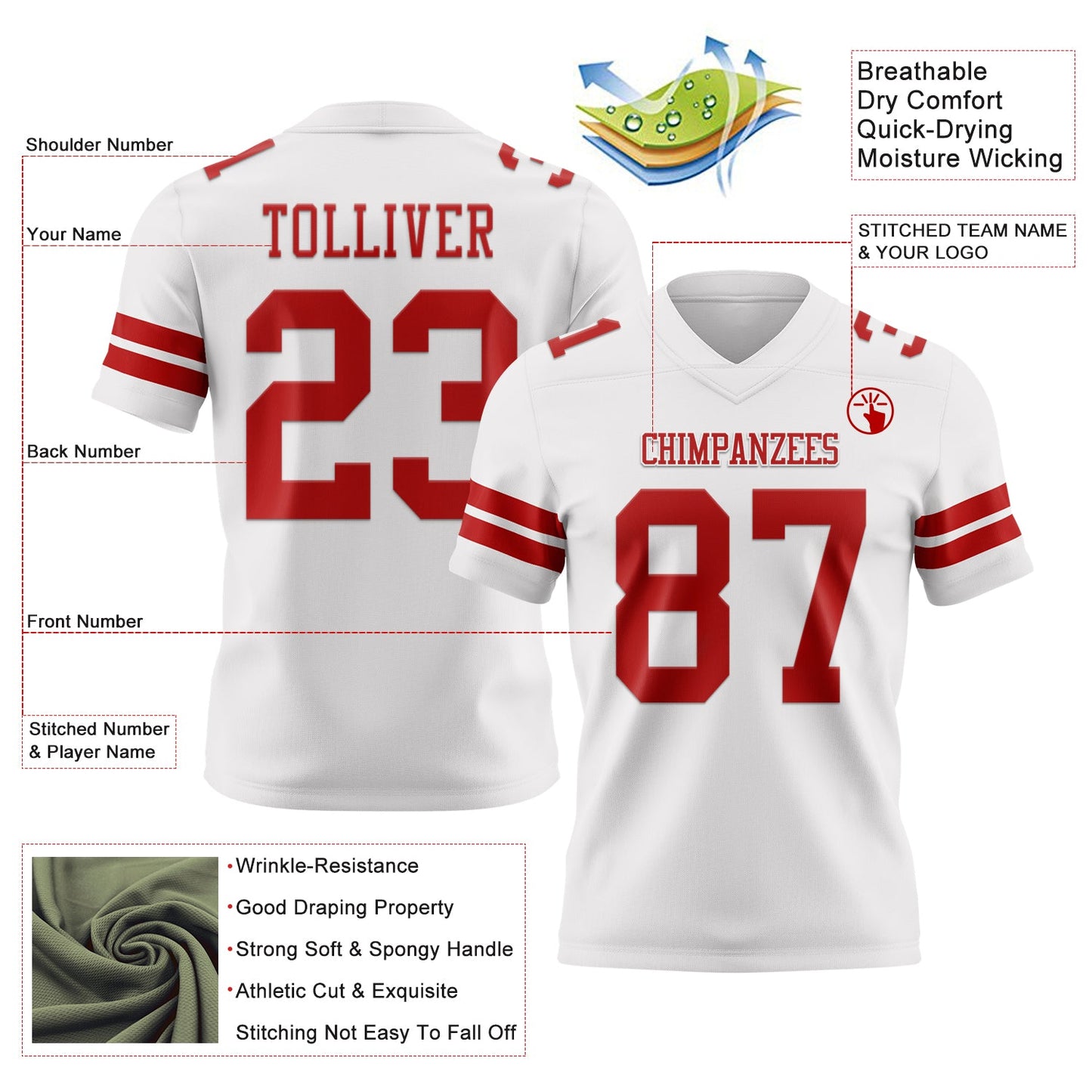 Custom White Red Mesh Authentic Football Jersey - Sky-Custom