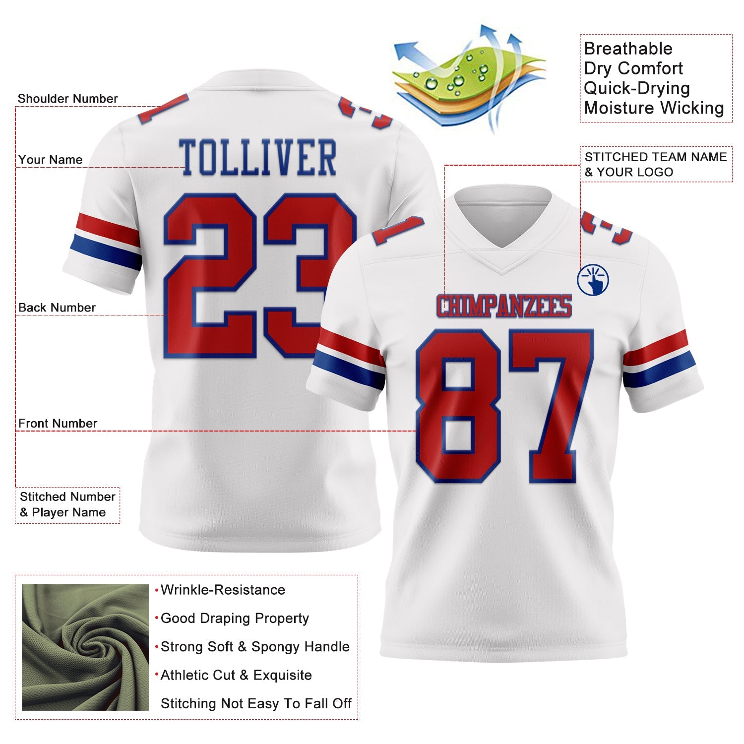 Custom White Red-Royal Mesh Authentic Football Jersey - Sky-Custom