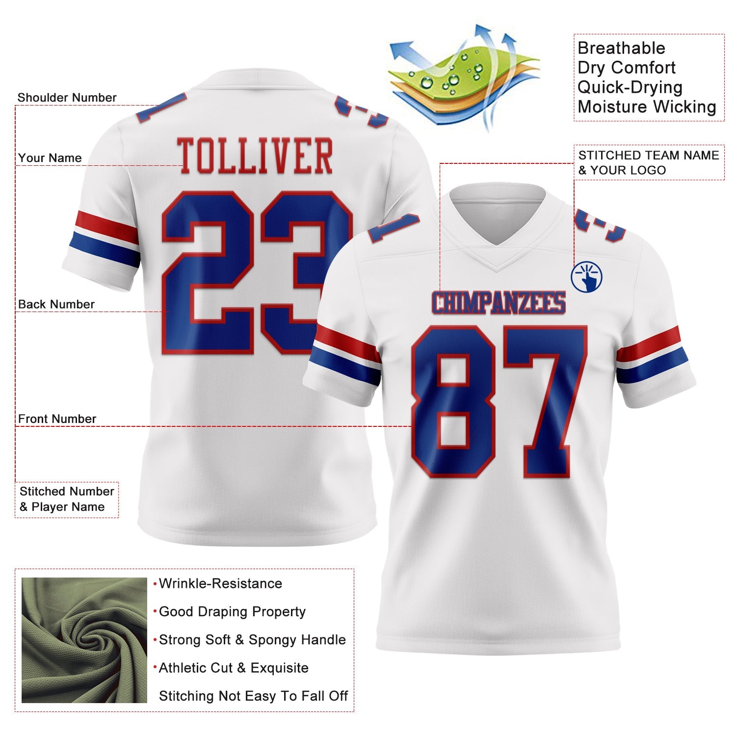 Custom White Royal-Red Mesh Authentic Football Jersey - Sky-Custom